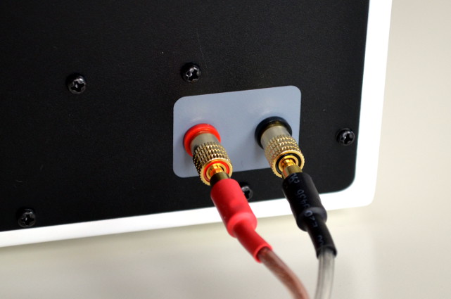 Die Passivbox wird per Lautsprecherkabel mit Bananensteckern an den Master gekoppelt.
