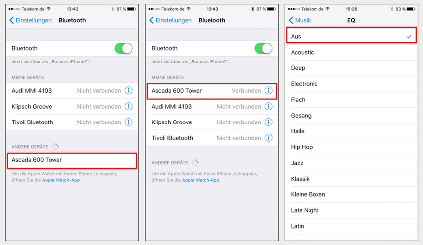 Schneller und simpler lässt sich eine Bluetooth-Verbindung einfach nicht aufbauen.  Wichtig: um den Klang der Lautsprecher zu testen, sollte die Klangregelung (EQ) im Smartphone/Tablet ausgeschaltet sein.