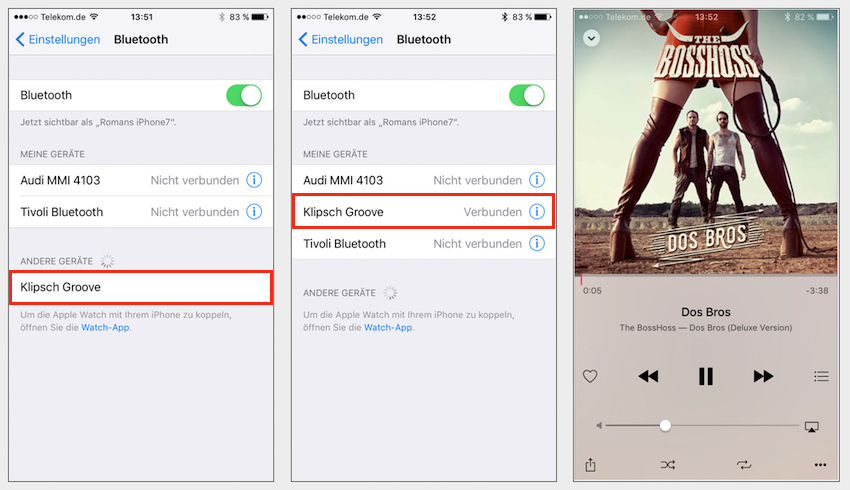 Schneller und einfacher geht es einfach nicht: Der Groove ist innerhalb von 30 Sekunden mit seinem Zuspieler (hier Verbindung mit Handy) gepaart. 