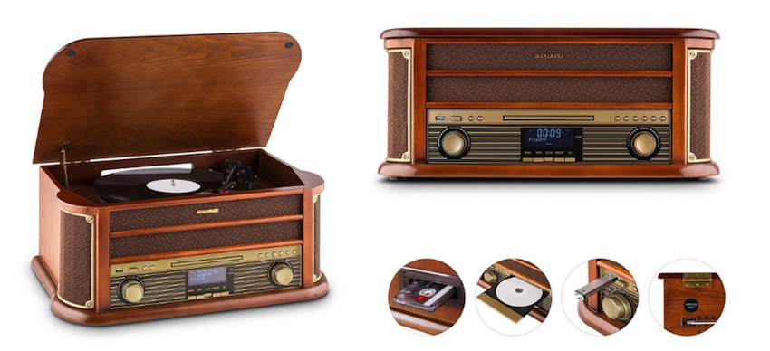 Das detailverliebte Holzgehäuse mit Golddekor-Elementen bildet den äußeren Rahmen für ein modernes Innenleben, das klassische Musikquellen wie UKW-Empfänger, Plattenspieler, CD- Player und Kassettendeck mit digitalen wie USB-Slot, DAB-Tuner und einer Bluetooth-Schnittstelle vereint.