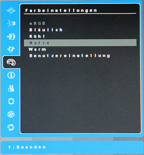 Unter „Farbeinstellungen“ sollte die Farbtemperatur von „Benutzereinstellung“ auf „Nativ“ geändert werden. 
