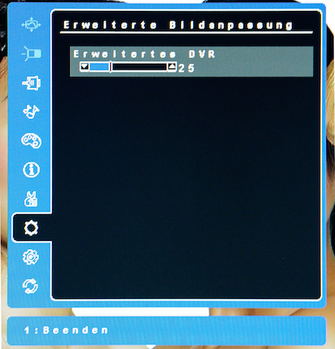 Jetzt unter „Erweiterte Bildanpassung“ noch „Erweiterung DVR“ auf 25 stellen. Hierbei handelt es sich um eine rudimentären Schärferegler, der das Bild ein wenig anspitzt.