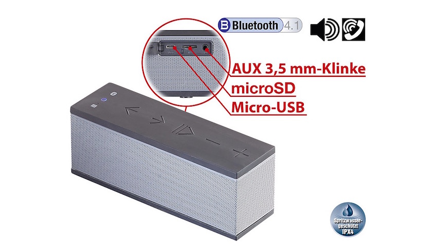 Drahtloser Musikgenuss & Freisprecher zum Mitnehmen - für Smartphone & Co..auvisio Bluetooth-Stereo-Lautsprecher mit Freisprecher, AUX, microSD, 8W, IPX4 