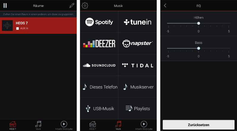 Falls mehrere Lautsprecher vorhanden sind, können diese miteinander verbunden werden (l.) und dieselbe Musik aus der großen Quellenvielfalt empfangen (M.). Für das Feintuning sorgt der übersichtliche Equalizer (r.).