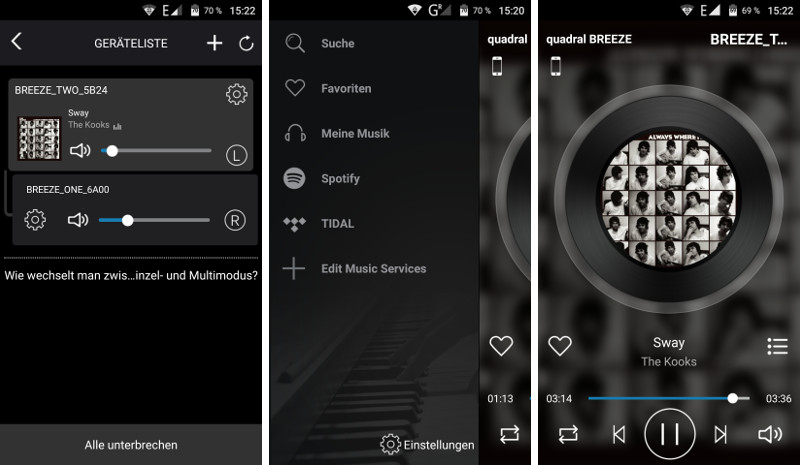 Zwei Breeze-Lautsprecher lassen sich auch als Stereo-Set konfigurieren. Als Quellen stehen neben lokal gespeicherter Musik auch NAS-Laufwerke und Streaming-Dienste zur Verfügung. Die Musikwiedergabe wird intuitiv und übersichtlich gesteuert.
