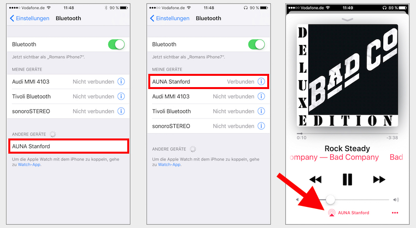 Die Bluetooth-Verbindung ist schnell und in nur zwei Schritten hergestellt. Ist man Besitzer eines iPhones wird das Auna Stanford sogar in der entsprechenden Wiedergabe-App angezeigt.
