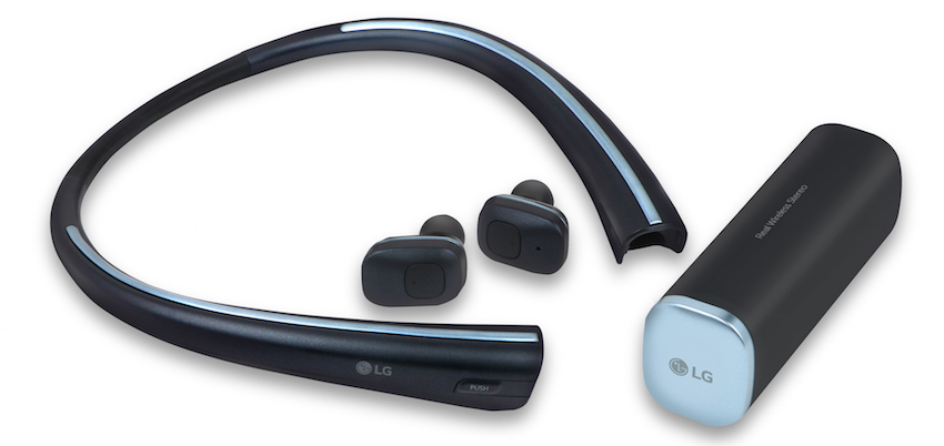 Der TONE Free (Modell HBS-F110) ist LGs erstes kabelloses Audioprodukt, das über kabellose Ohrstöpsel verfügt, die sich aufladen, wenn sie im Halsband verstaut werden.