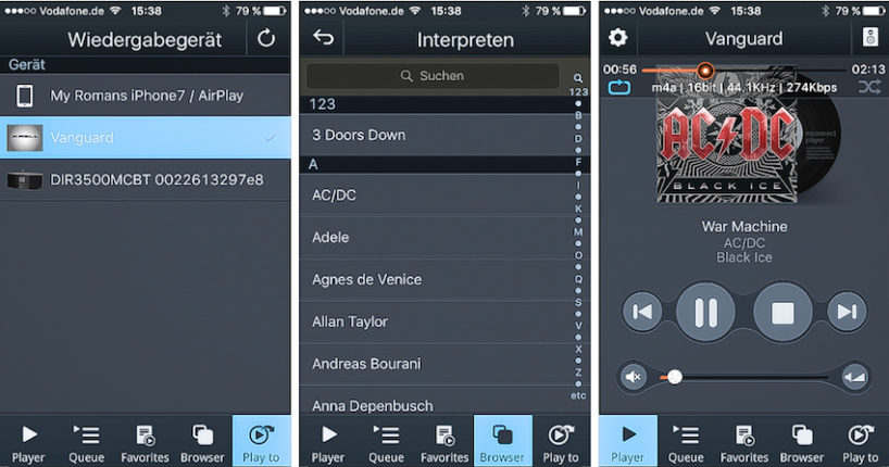 Mit der Software mconnect spielt der Krell Vanguard Musik von Handy, Tablet und Computer. Software installieren, den Vanguard über den Menüpunkt „Play To“ als Wiedergabegerät auswählen, über „Browse“ und mit der Interpreten-Liste den gewünschten Titel auswählen – und los geht’s!