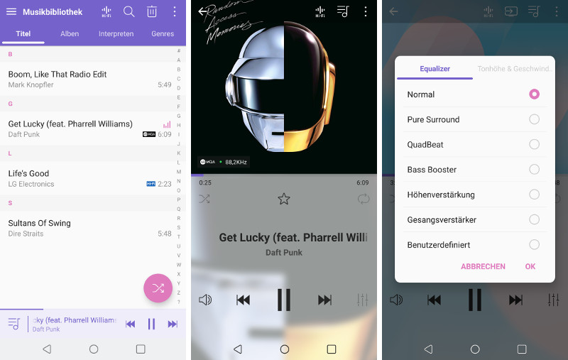Das V30 beweist Vorreiter-Charakter und unterstützt das Format MQA für Musik in Studioqualität. Das kleine Icon neben (l.) oder über (M.) der Laufzeit signalisiert, welches Format die Dateien aufweisen - für