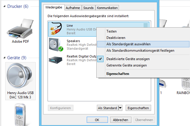 Je nach Betriebssystem (hier Windows 8) muss der Henry-Audio-DAC manuell als Wiedergabegerät festgelegt werden.