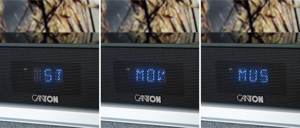 Das Display der Smart Soundbar 9 ist gut vom filigranen Lochgitter geschützt und dank der großen Schrift zugleich gut lesbar.