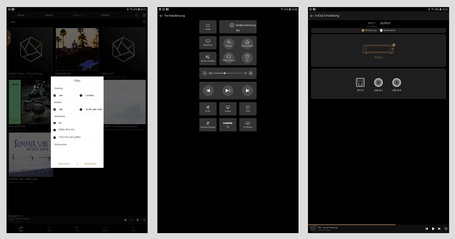 Auch die Rose Connect Premium-App hat feine Features: Für die Songauswahl in der Musikbibliothek steht auch ein Filter für die File-Qualität zur Verfügung (Bild 1). Die Fernbedienung für die grundlegende Funktionen ist auf einem Extra-Screen zu finden (Bild 2). Über die App lassen sich auch alle Ein-und Ausgänge des Rose aktivieren oder deaktivieren (Bild 3).