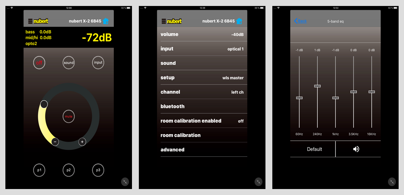 Der Hauptbildschirm der App bietet neben der Lautstärkeregelung Zugriff auf die Quellen, die Soundoptionen, die Soundpresets – und auf alle weiteren Einstelloptionen (Bild 1). Zu diesen umfangreichen Möglichkeiten gehören unter anderem das Setup für den Wireless-Betrieb und die Raumeinmessung (Bild 2). Zu den Optionen für die Soundeinstellung gehört der fünfbändige grafische Equalizer, er ermöglicht die gezielteste Veränderung des Klangs (Bild 3).