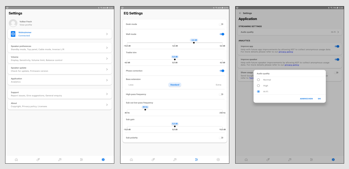 Über das Musikmanagement hinaus bietet die App etliche Features für die Handhabung und Soundoptimierung. Die „Settings“ bieten neben dem Software-Updates oder der Support-Unterstützung die grundlegenden Einstellungen der Lautsprecher von den Lautstärkeeinstellungen bis hin zu Wahl zwischen WLAN- und LAN-Betrieb (Bild 1). Im Menü „EQ Settings“ wird unter anderem die Platzierung der Lautsprecher auf dem Schreibtisch oder in Wandnähe berücksichtigt (Desk Mode/Wall Mode), die akustische Beschaffenheit des Raums (Treble Trim) und die Größe des Zimmers (Bass Extension), aber auch die Einbindung eines zusätzlichen Subwoofers (Bild 2). Kommt es aufgrund eines stark ausgelasteten Netzwerks zu Aussetzern beim Musikstreaming, kann unter „Streaming Settings“ die Audio-Qualität vom bestmöglichen Modus „Hi-Fi“ auf „High“ (CD-Qualität) oder „Normal“ (MP3-Qualität) herabgesetzt werden (Bild 3).