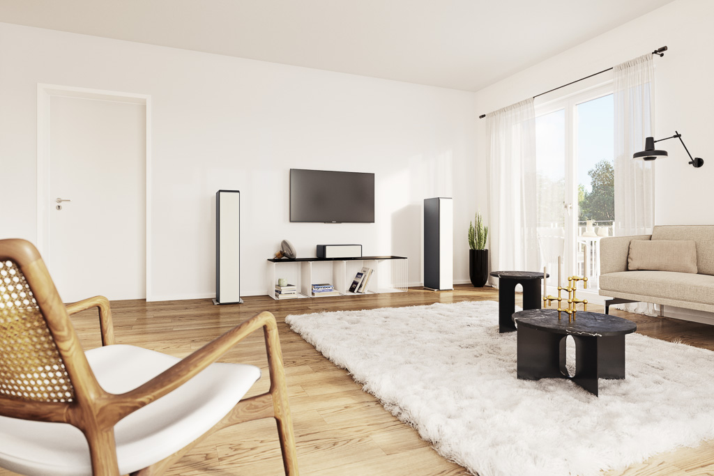 Die Standlautsprecher lassen sich mit anderen Modellen der Ayers-Serie kombinieren und – wie hier mit dem Center – für die TV- und Home Cinema-Beschallung einsetzen.
