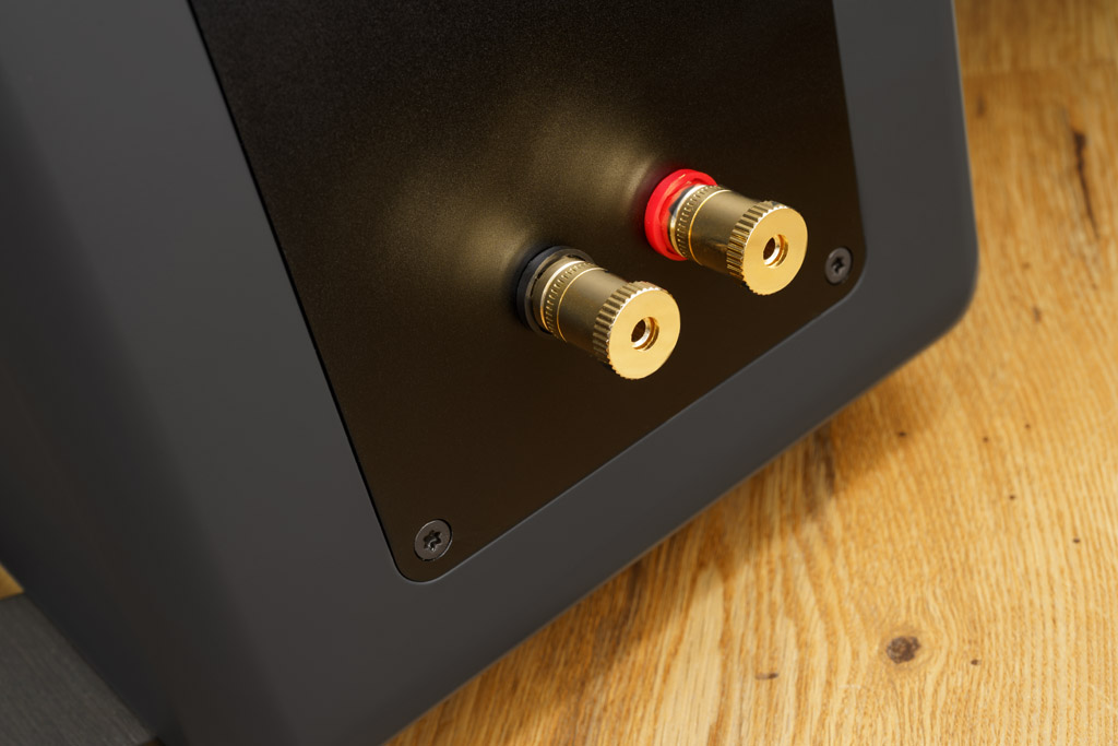 Die Ayers Five ist mit einem erstklassigen Anschluss ausgerüstet. Zur Minimierung der Klangbeeinflussung kommt ein Single-Wire-Terminal zum Zuge. Die vergoldeten Klemmen akzeptieren Kabel, die mit Kabelschuhen oder Bananenstecker konfektioniert sind, sowie blanke Litze mit einem Querschnitt bis acht Quadratmillimeter. In diesem Fall verhindert eine freidrehende Andruckscheibe, dass beim Festschrauben die feinen Drähtchen verbogen und gezogen werden. 