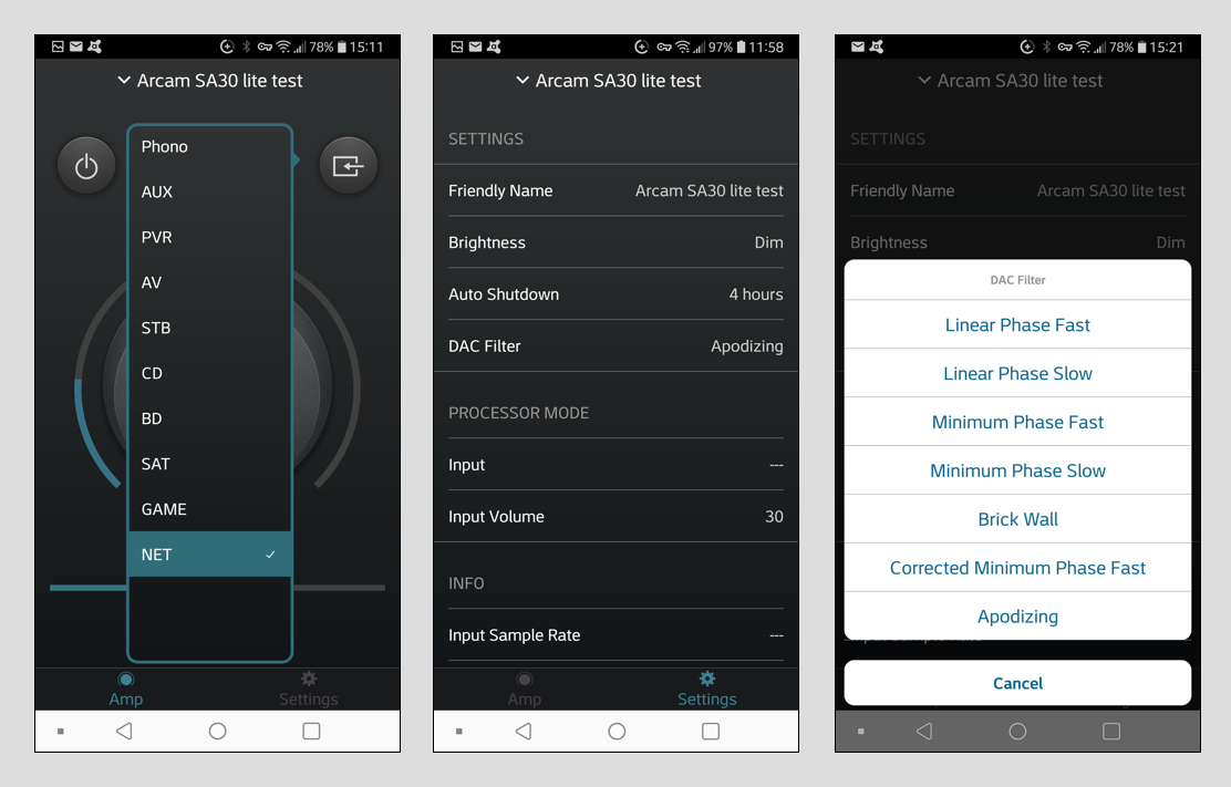 Der SA30 lässt sich über verschiedenste Apps steuern. Arcam hat zwei Bedienoberflächen in petto. Hier ist die Arcam Control-App zusehen. Mit ihr lassen sich die Grundfunktionen bedienen, also An/Aus, Lautstärke, Stummschaltung, Balance und Quellenauswahl (Bild 1). Ebenso lassen sich einige Einstellungen des Menüs aufrufen (Bild 2). Überdies sind hier die verschiedenen DAC-Filter aufruf- und einstellbar (Bild 3).