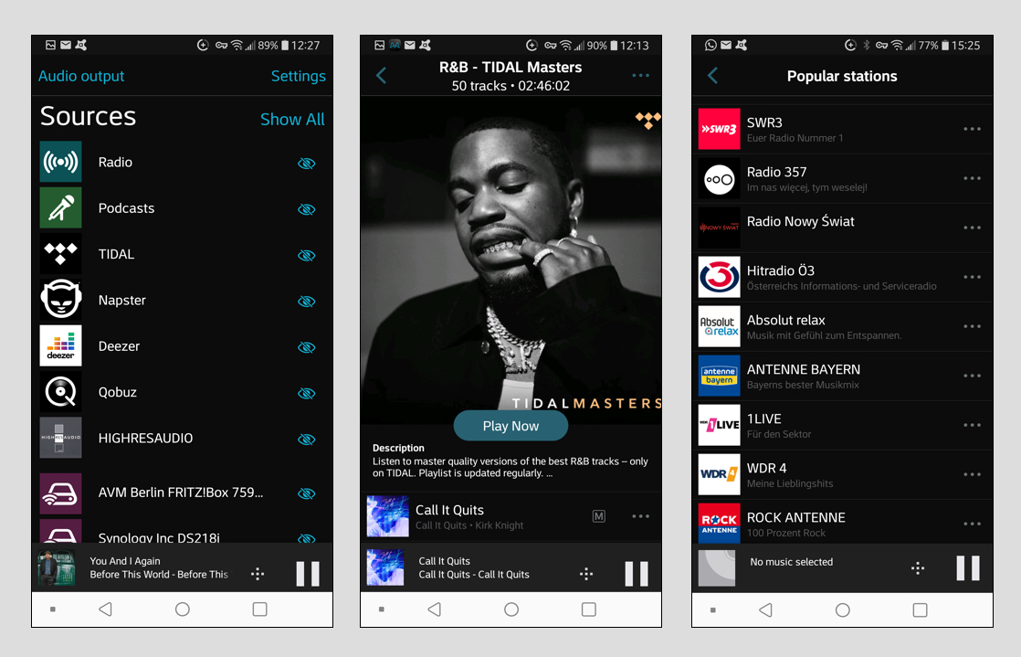 Mit Arcams zweiter App namens „MusicLife“ ist die Musik des eigenen Netzwerk-Speichers abrufbar. Zudem sind mit Tidal, Napster, Deezer, Qobuz und HiResAudio etliche Streamingdienste erreichbar (Bild 1). Mit Premium-Diensten wie Tidal Masters ist auch per Streaming Musikgenuss in HiRes-möglich (Bild 2). Hinzu kommen die Angebote der unzähligen Internetradiostationen und Podcast-Kanäle (Bild 3).