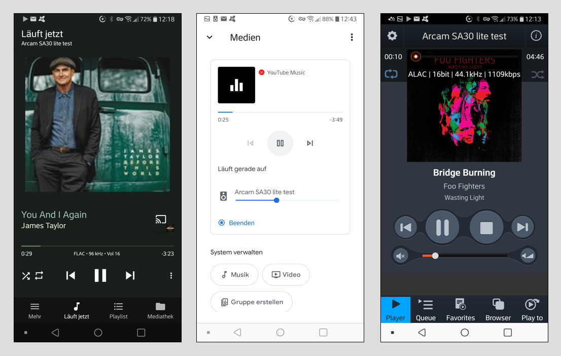 Der SA30 harmoniert aber auch mit andern UPnP/DLNA-fähigen Player-Apps wie Bubble UPnP (Bild 1) oder mconnect (Bild 3). Über die Google Home-App lässt sich Musik der verschiedensten Dienste streamen – sogar YouTube Music (Bild 2).