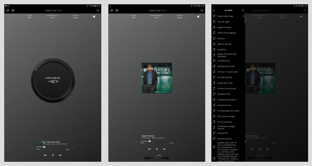 Die Remote Control App von Lyngdorf ist im Design nüchtern-spartanisch. Die Optik inszeniert bei der Standard-Einstellung das Lyndorf-typische Lautstärkerad. Wer es antippt, bekommt als Zusatz-Info die Wiedergabequalität des aktuell laufenden PCM-Files angezeigt (Bild 1). Wenn man in den Einstellungen den „Use large album art mode“ aktiviert, werden Cover-Abbildungen zentral und etwas größer dargestellt. Das Lautstärkerad wandert dafür an den unteren Rand der Bedienoberfläche und ist in ein quasi liegendes Rad verwandelt, dessen Rand wir nun drehen (Bild 2). Zur Musikauswahl gelangen wir über den oben links positionierten Dreifach-Pfeil. Über ihn wählen wir die Streaming-Quelle aus, die uns ihren Musikbestand offenbart (Bild 3).