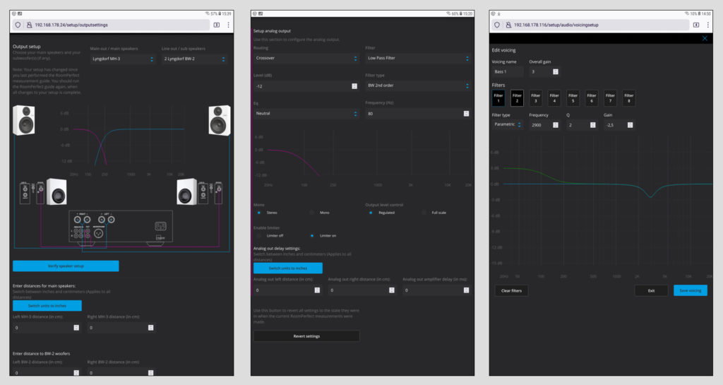 Das Setup und die Einstellmöglichkeiten im Browser-Setup sind überaus üppig. Hier können die angeschlossenen Lautsprecher sowie Subwoofer angegeben und optimiert werden. Sind es Lyngdorf-Modelle, erscheinen sie sogar mit einer Abbildung (Bild 1). Das Portfolio an Möglichkeiten reicht bis zur Setzung von Limiter und Filtern, der Angabe der Lautsprecher-Entfernungen zum Ausgleich von Laufzeitunterschieden oder der Einstellung einer Signal-Verzögerung am Audio Out (Bild 2). Wer die „Voicings“ nutzt, also die verschiedenen Klangprofile, kann diese entweder nach Belieben editieren oder gleich selbst welche kreieren (Bild 3).