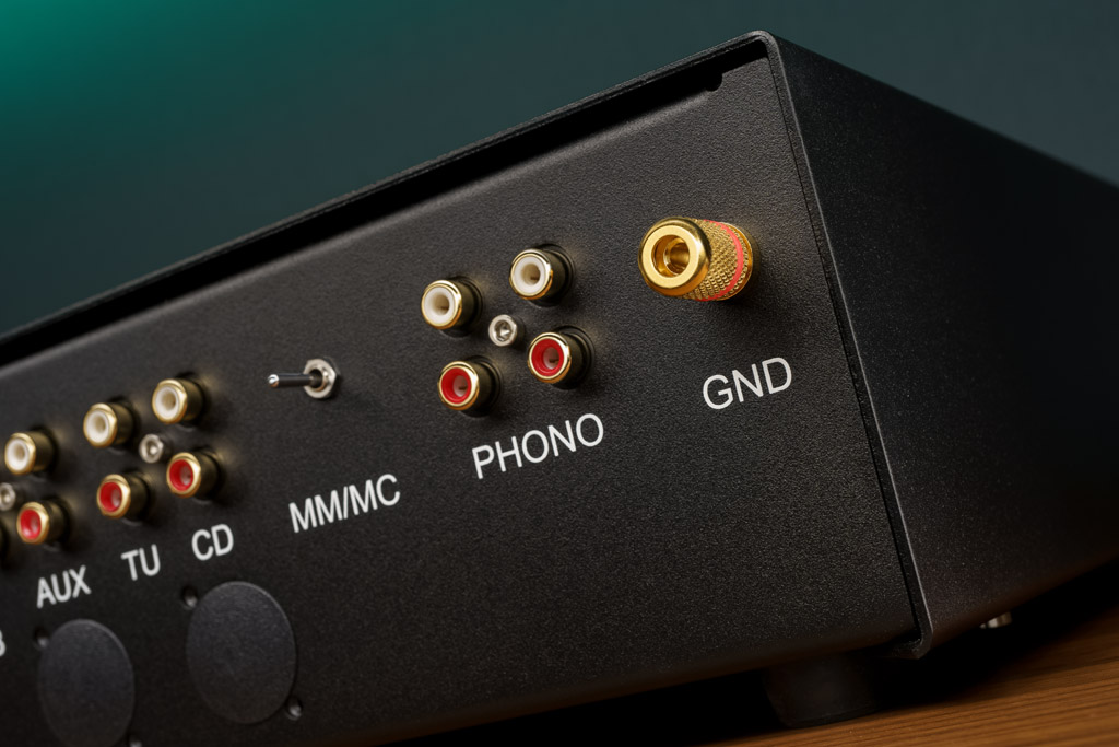 Der RG 14 besitzt gleich zwei Paar Phono-Anschlüsse, so dass auch zwei Plattenspieler angeschlossen werden können. In der Edition MK 5-Version bietet der Verstärker zudem die Möglichkeit, Analoglaufwerke sowohl mit MM- als auch mit MC-Abtaster zu betreiben. Die Erdungsklemme verhindert die etwaige Bildung von Brummschleifen – wenn das Kabel des Plattenspielers eine Erdungsleitung hat, die man hier anklemmen kann.