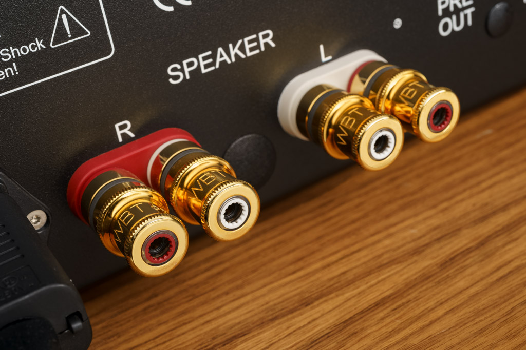 Der RG 14 erlaubt den Anschluss eines Lautsprecherpaares. Dafür bietet er vier exzellente Polklemmen aus der PVD-Plasmaprotect-Serie von WBT. Sie ermöglichen den Anschluss von Lautsprecherkabeln, die mit Bananensteckern oder Kabelschuhen konfektioniert sind. 