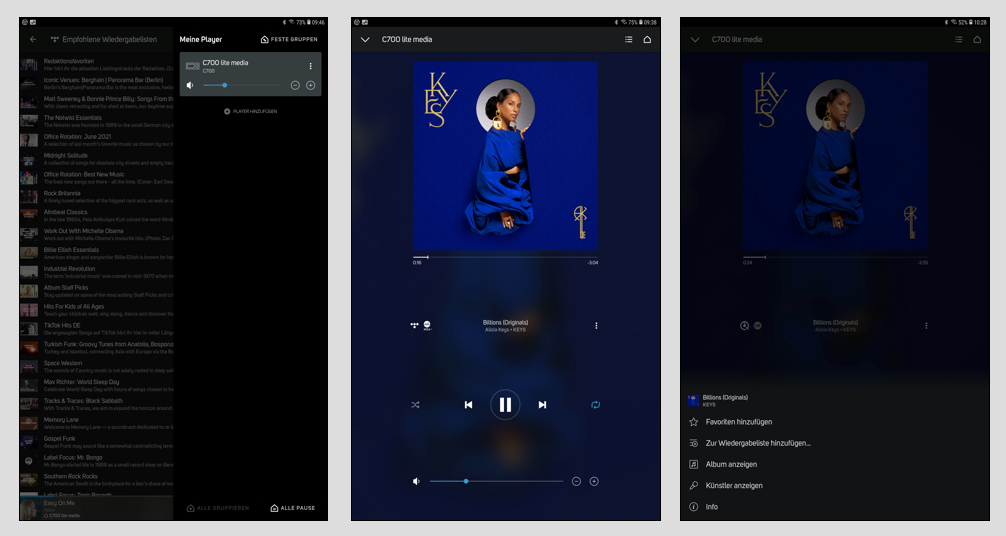 Die BluOS-App macht das Musikmanagement leicht: In der rechten Spalte werden alle verfügbaren BluOS-fähigen Komponenten angezeigt und stehen zur Lautstärkeregelungund für weitere Bedienoptinen zur Verfügung (Bild 1). Die Bedienoberfläche ist attraktiv gestaltet: Das Cover wird großformatig angezeigt, darunter zeigt ein Fortschrittsbalken die abgelaufene und noch verbleibende Zeit des laufenden Tracks an. Dieser Balken ist auch ein Slider: So kann man innerhalb des Tracks vor- und zurückspringen. Zum Track erfahren wir Titel, Künstler- und Albumnamen (Bild 2). Wer auf die rechts daneben befindlichen drei Punkte tippt, kann den Song gleich zu den Favoriten oder der Wiedergabeliste hinzufügen oder weitere Infos bekommen (Bild 3).