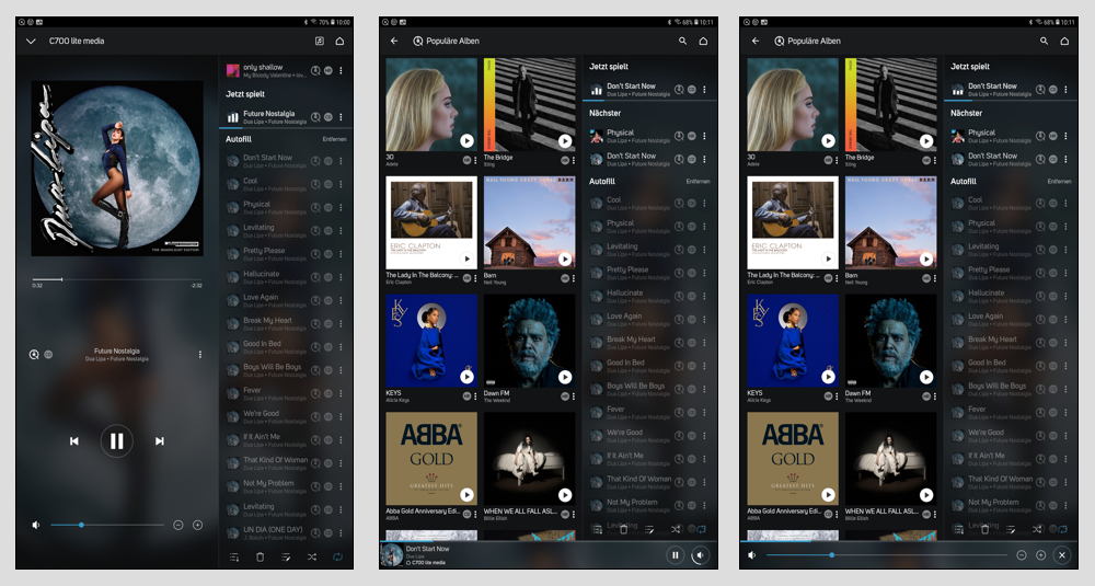 Wer in der BluOS-App auf das Menü-Icon rechts oben tippt, bekommt neben dem laufenden Track weitere Songs des gleichen Albums angeboten. Wenn „Autofill“ aktiviert ist, werden diese und ähnliche Songs dann automatisch der Warteschlange zugefügt (Bild 1). Durchstöbert man das Musikangebot, läuft der aktuelle Track natürlich weiter: im unteren Bereich der App hat man ihn samt Cover im Blick und kann den Track hier auch pausieren oder in der Lautstärke ändern (Bild 2). Dazu tippt man auf das Lautsprechersymbol – und prompt wird in diesem Bereich ein breiter Slider eingeblendet (Bild 3).