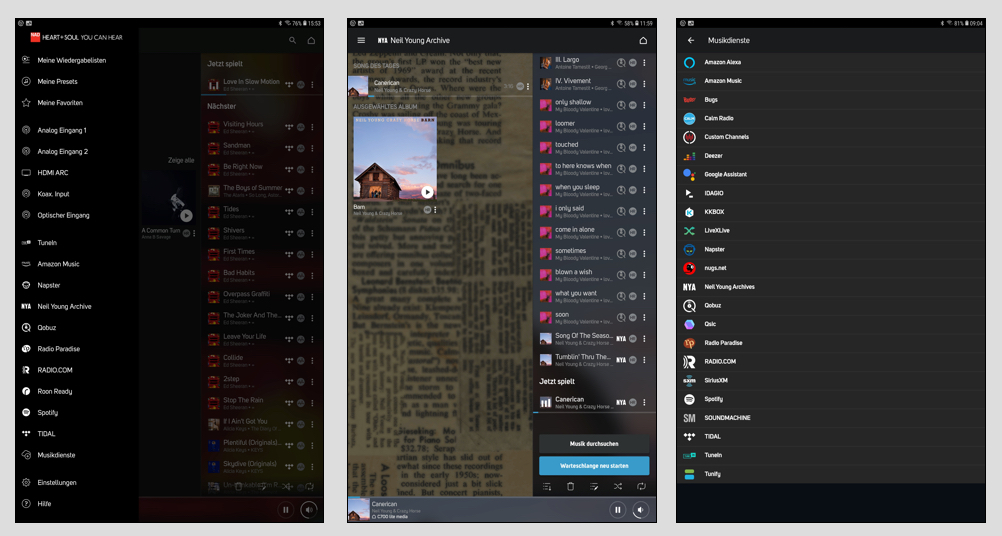 Über die App stehen alle analogen Eingänge und digitalen Schnittstellen zur Verfügung, ebenso die Wiedergabelisten und Prestes – und natürlich auch die abonnierten und frei verfügbaren Streamingdienste, Radiostationen und Musikangebote (Bild 1). Dazu zählt auch das Neil Young Archive (Bild 2). Wer weitere (bezahlpflichtige) Musikdienste hinzufügen möchte, findet ebenfalls ein üppiges Portfolio (Bild 3).
