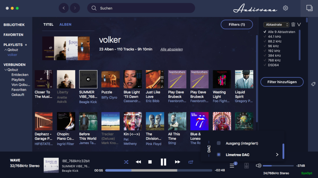 Für die HiRes-Wiedergabe per Rechner empfiehlt sich eine audiophile Player-Software. In unserem Test kommt Audirvana zum Zuge. Neben der eigenen Musikbibliothek ist so auch ein Musikdienst wie Qobuz einbindbar.