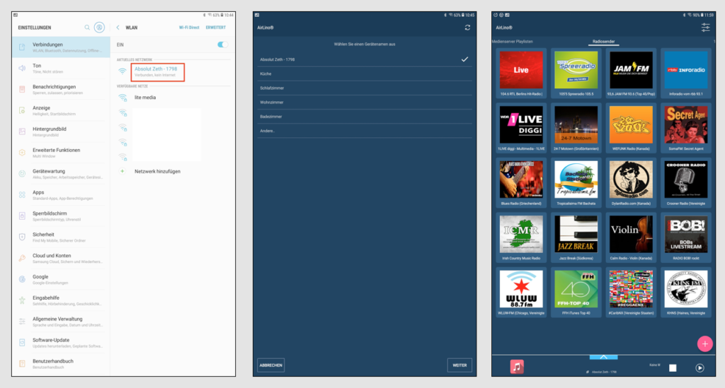 Die Einrichtung geht fix: Bei den Einstellungen des Smartphones ruft man die verfügbaren WLAN-Netze auf und wählt das „Absolut Zeth“-System aus (Bild 1). Dann wird „Absolut Zeth“ auch in der AirLino-App angewählt, per Passwort mit dem heimischen Netzwerk verbunden und, wenn gewünscht, mit einem neuen Namen versehen (Bild 2). As erstes Musikangebot bekommt man frei Haus diverse Internet-Radiosender angeboten, die man über das Plus-Symbol schnell um die eigene Auswahl erweitern oder ändern kann (Bild 3).