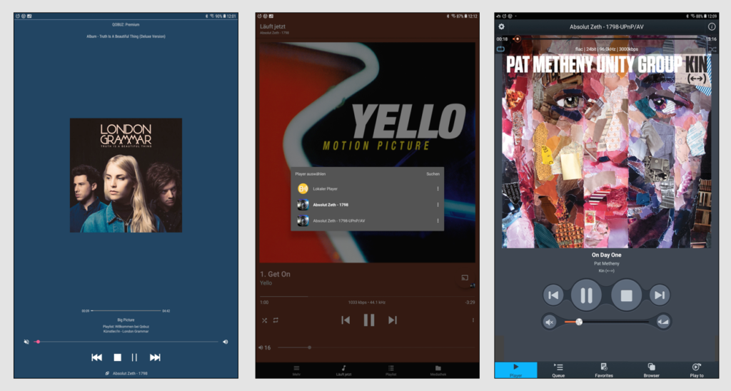 Zur Musik des eigenen Servers, der Cloud und der Internet-Radiostationen kommen noch die Angebote der abonnierten und einbindbaren Musikdienste wie Qobuz (Bild 1). Die Bedienung des Absolut Zeth-Systems geht neben AirLino auch mit jeder anderen UPnP-fähigen App, etwa mit Bubble UPnP (Bild 2) oder dem mconnect Player Lite (Bild 3).