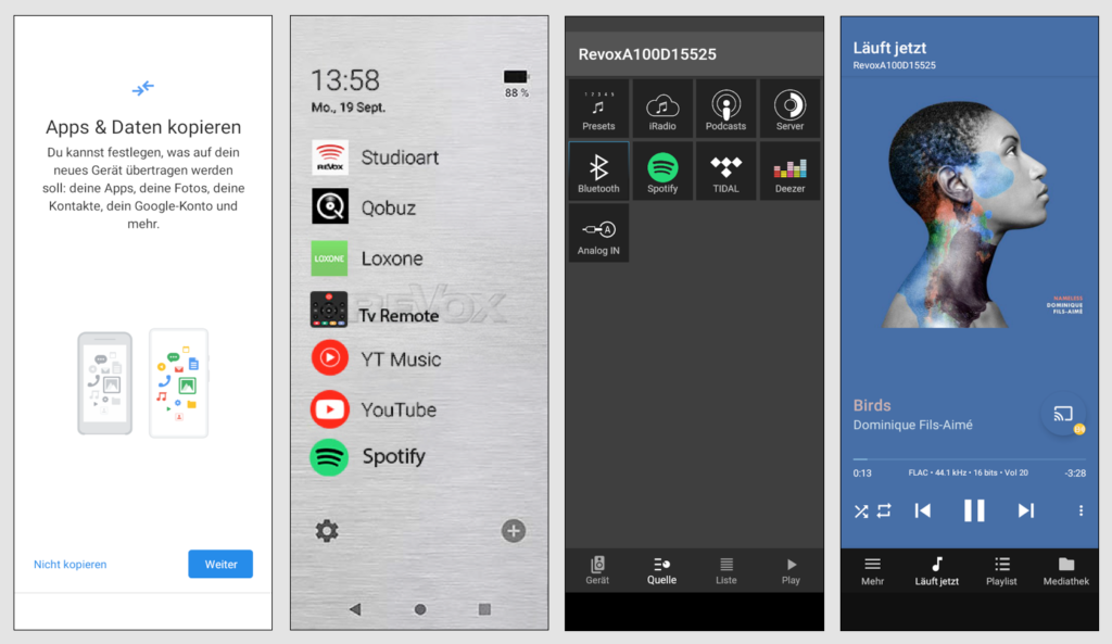 Bei der Installation fragt die StudioControl C200, welche Apps Daten importiert werden sollen. Durch die Google-Zertifizierung sind auch Kontakte-Übertragung und die Verknüpfung mit dem Google-Konto möglich (Bild 1). Die Revox Launcher-App ermöglicht Zugunsten einer flotten Bedienung, auf dem Home-Screen nur die eigene Auswahl der wichtigsten Apps anzeigen zu lassen (Bild 2). Die StudioControl C200 nutzt zur Bedienung der Smart Devices die originalen Apps – hier die Revox-App für den Room Speaker StudioArt A100. Über diese App sind dann die Quellen und die eingebundenen Dienste nutzbar (Bild 3). Auch Qobuz ist nutzbar – hier haben wir die App „BubbleUPnP für DLNA/Chromecast“ eingesetzt, um die Musik auf den StudioArt A100 streamen zu können.