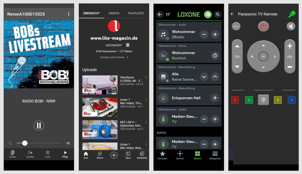 Mit der StudioControl C200 geht so gut wie alles: Radio-Hören über die Revox-StudioArt-App und den Speaker A100 (Bild 1) oder Video-Gucken über YouTube (Bild 2) sind Beispiele aus dem Bereich Home Entertainment. Ebenso lassen sich aber auch alle intelligenten Hausgeräte und die smarte Gebäudetechnik bedienen (Bild 3). Die StudioControl C200 kann aber auch ältere Geräte steuern, die nur per Infrarot-Ferngeber bedienbar sind. Das gelingt mit dem integrierten IR-Sender und einer passenden App – hier haben wir „TV Remote“ verwendet (Bild 4).