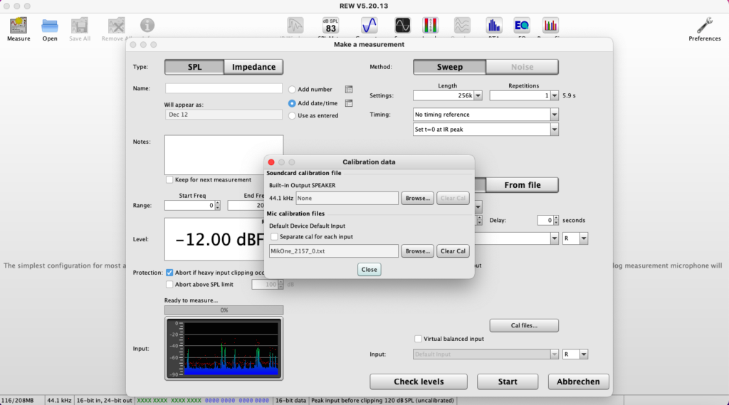 Die kostenfreie, leistungsstarke Software Room EQ Wizard (REW) fragt vor der Messung nach der Kalibrierungsdatei des Mikrofons. Nur diese Korrekturdaten garantieren eine vom Mikrofon unverfälschte Messung – und sind deshalb Qualitätsausweis des Mikros. Omnes Audio liefert für jedes MikOne individuell erstellten Kalibrierungsdateien für 0-Grad- und 90-Grad-Messungen. Hier wird die 0-Grad-Datei geladen.