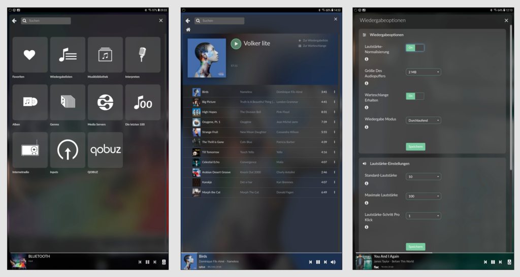 Die Volumio-App zeichnet sich durch ein übersichtlich-Funktionales Design aus. Die Quellen, Server, Speichermedien und Musikdienste sind prompt erreichbar (Bild 1). Die Musikdienste HighResAudio, Tidal oder, wie hier abgebildet, Qobuz sind bereits als Angebot angelegt. Über Plugins sind zudem Spotify Connect und Tidal Connect nutzbar – sofern man einen entsprechenden Account hat (Bild 2). Die App bietet für die Wiedergabe nützliche Optionen wie die Lautstärke-Normalisierung, mit der Pegelsprünge zwischen verschiedenen Tracks vermieden werden (Bild 3).