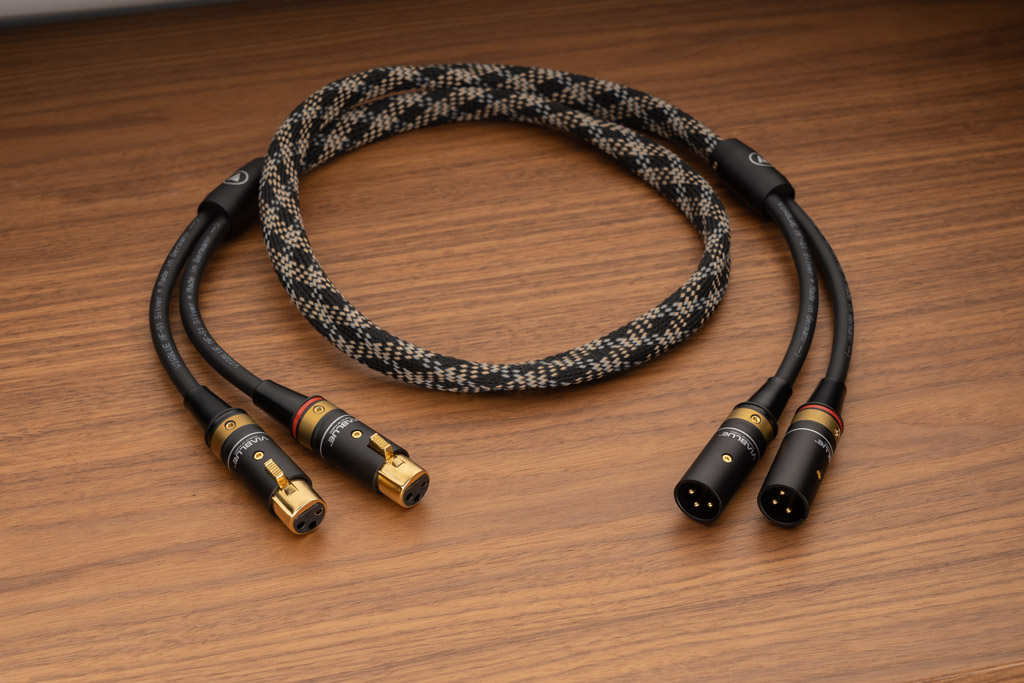 Viablue kombiniert Qualität mit Design: Der Cobra-Geflechtschlauch weist jedes Kabel unverkennbar als Produkt der Malcher Manufaktur aus. Die Mattierung sowohl der Metallflächen als auch der Kabelmantelung vollendet die hochwertige Anmutung. Hier ist das NF-S1 in der Ausführung mit XLR-Steckern zu sehen.