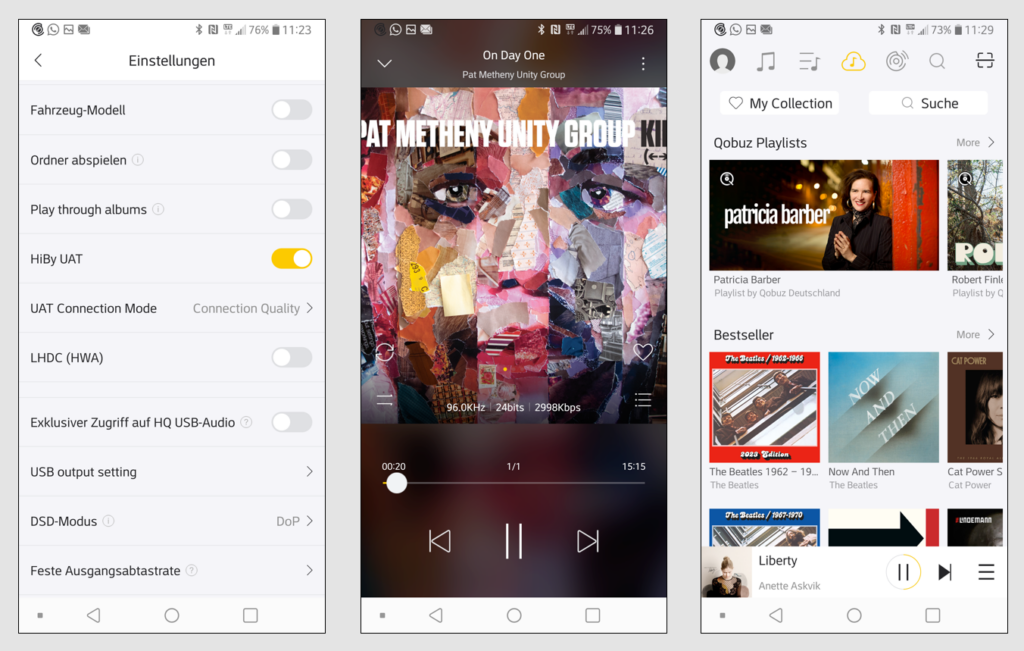 Beim Bluetooth-Streaming empfiehlt sich für Android-Nutzer die kostenfreie Player-App „HiBy Music“: Sie ermöglicht es, HiRes-Dateien wahlweise in LDAC- und UAT-Qualität zu übertragen (Bild 1). Die App bietet mit ihren Bibliotheksfunktionen eine übersichtliche Verwaltung des eigenen Musikbestands und ist intuitiv in der Bedienung (Bild 2). Mit Tidal oder wie hier mit Qobuz sind zwei Musikdienste integrierbar (Bild 3).