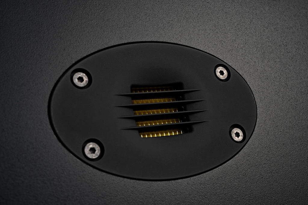 Als Superhochtöner sorgt ein Air Motion Transformer für die Luftigkeit und Offenheit im Klang. Der AMT agiert hinter der hornartigen, vergitterten Schallführung. Wer genau hinsieht, kann die Faltenstruktur der zarten Folie erkennen.