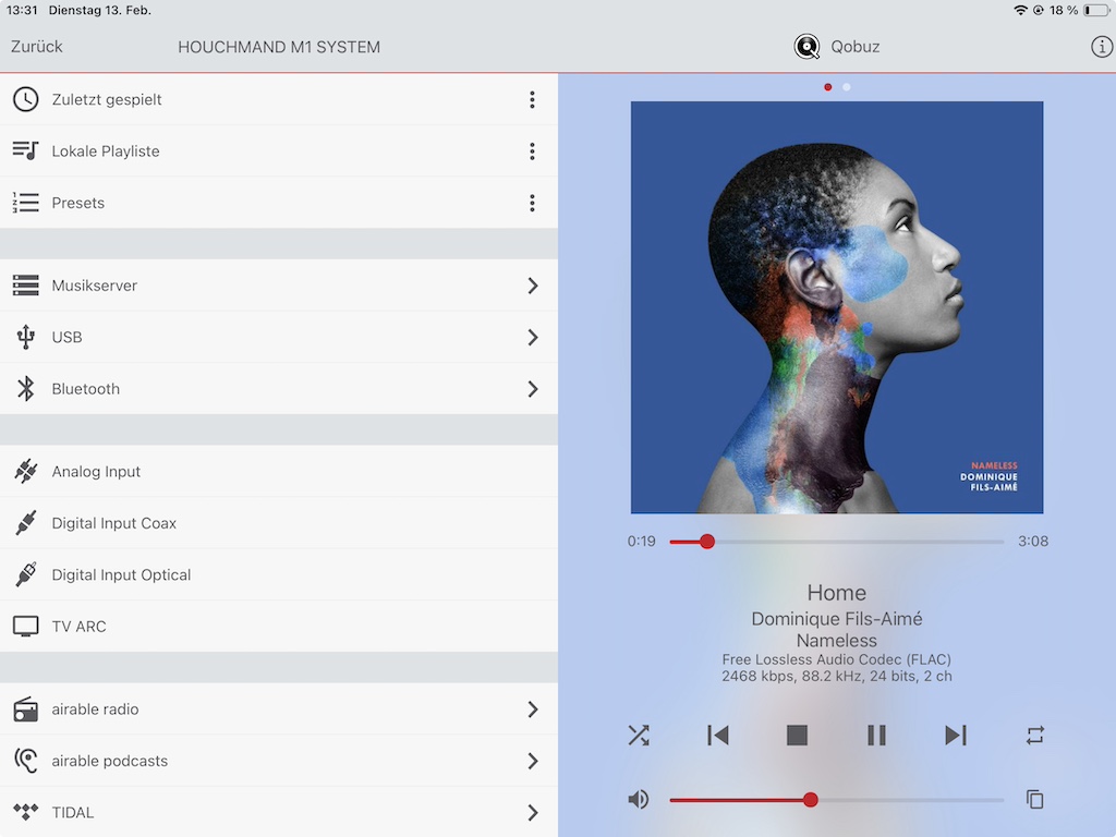 Das Houchmand M1 lässt sich einfach und komfortabel mit dem Tablet oder Smartphone bedient. Die App bietet vollen Zugriff auf sämtliche Features und Funktionen des Audio Systems – und auf das Musikangebot:. Hier streamt das M1 gerade ein File von unserem Musikserver.