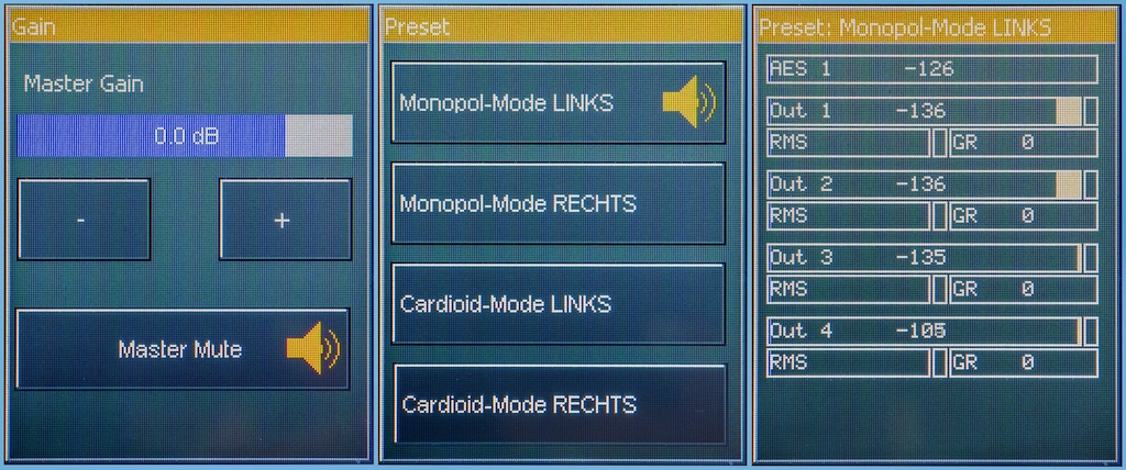 Das Touch-Display ermöglicht die Einstellung des Master Gain (Bild 1) sowie die Auswahl der angelegten Presets (Bild 2). Hier erreicht man zuerst den normalen Monopol-Modus und den Cardioid-Modus, der die rückseitigen Schallanteile auslöscht. Bei der digitalen Zuspielung muss man zudem festlegen, ob der Lautsprecher als linker oder rechter Schallwandler agieren soll. In einem weiteren Screen-Menü, das man durch Wischen über den Bildschirm erreicht, gelangt man zu zwei weiteren Presets. Bei ihnen sind die beiden Modi dann jeweils mit einem Equalizer ausgestattet. Der dauerhaft angezeigte Bildschirm (Bild 3) informiert dann über die aktuellen Betriebswerte des ausgewählten Presets: Eingangslevel, Ausgangslevel für jeden einzelnen Kanal, Limiter-Aktivität (indiziert durch den gelben Balken) und Eingangsempfindlichkeit (GR). Diese „Gain Reduction“ kann für eine Absenkung der Eingangsempfindlichkeit eingesetzt werden, um gleich zu Beginn schon etwaige Übersteuerungen des Input-Signals zu verhindern.