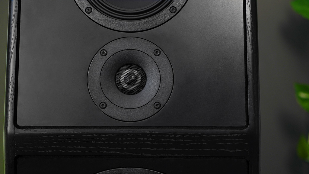 Im Hochton agiert eine 25 Millimeter durchmessende Kalotte aus Aluminium-Oxyd-Keramik. Sie strahlt auf eine vorgesetzte Schall-Linse und ist von einer einfassenden Transmission Front Plate umgeben. Dies dient der Optimierung der Abstrahlung und der besseren Ankopplung an den Mittenbereich.
