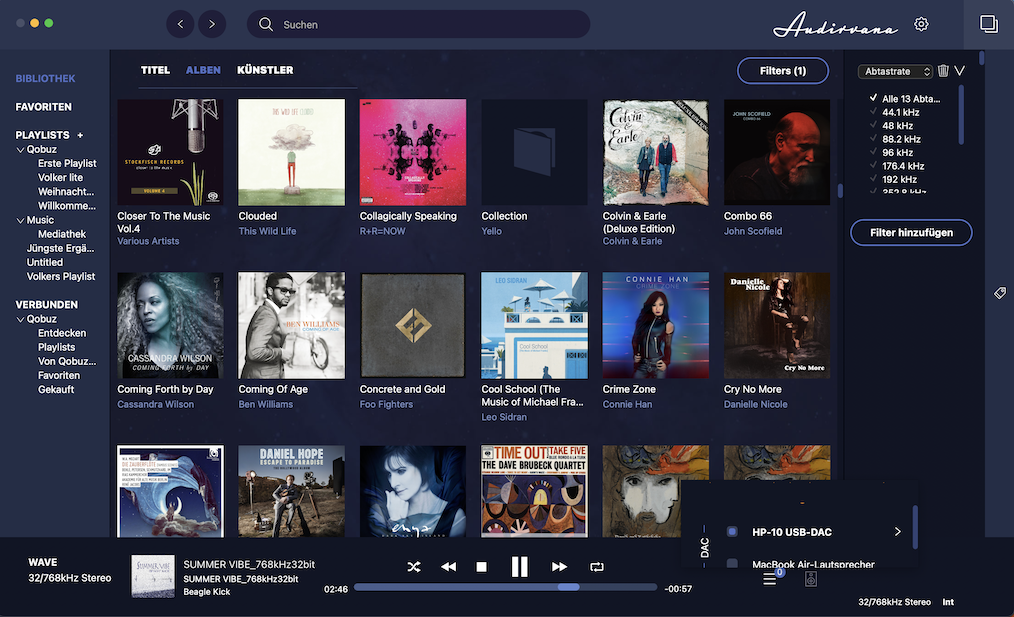 Wer den Laptop als Zuspieler nutzt, sollte eine audiophile Player-Software wie Audirvana nutzen. Mit einem implementierten Musikdienst – hier ist es Qobuz – steht einem neben dem eigenen File-Bestand eine großartige Musikbibliothek zur Verfügung.