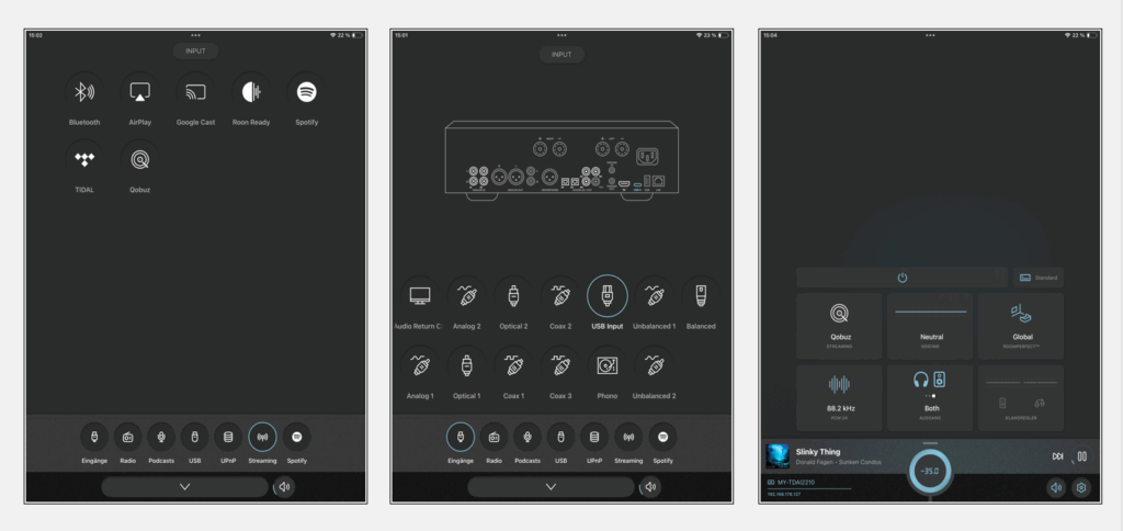 Die neue „My Lyngorf“-App punktet mit Übersichtlichkeit und Strukturiertheit. So behält man bei den zahlreichen Inputs, Schnittstellen und Streaming-Wegen den Überblick (Bild 1). Pfiffig: Bei den physischen Eingängen zeigt die App den gewählten Input auch in der Geräte-Grafik an – durch eine blaue Hervorhebung (Bild 2). Kehrt man zum Startbildschirm zurück, hat man alle Optionen im Blick und schnellen Zugriff auf die wichtigen Funktionen und die Einstellmöglichkeiten (Bild 3).