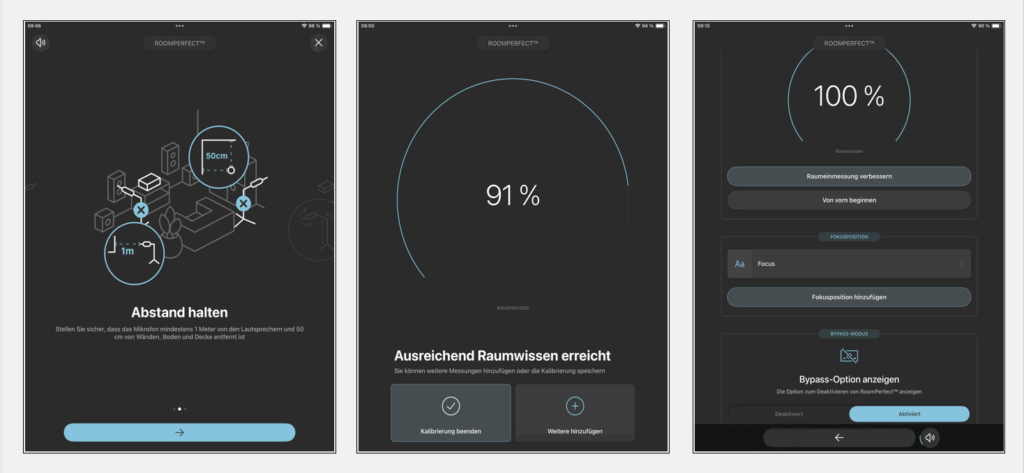 Die App gibt bei der Einmessung auch Hinweise, was bei der Mikrofonaufstellung zu beachten ist (Bild 1). Wenn RoomPerfect den Raum zu 91 Prozent kennt, sind ausreichend Daten für die Erstellung einer Raumkorrektur-Kurve vorhanden (Bild 2). Wer es noch genauer möchte, setzt die Messungen fort, bis 100 Prozent erreicht sind. Anschließend kann man für einen zweiten Hörplatz mit einem abermaligen Messvorgang eine weitere Fokus-Position einrichten. Die App bietet immer die Möglichkeit, die Musik mit oder ohne die Raumkorrektur wiederzugeben (Bild 3).