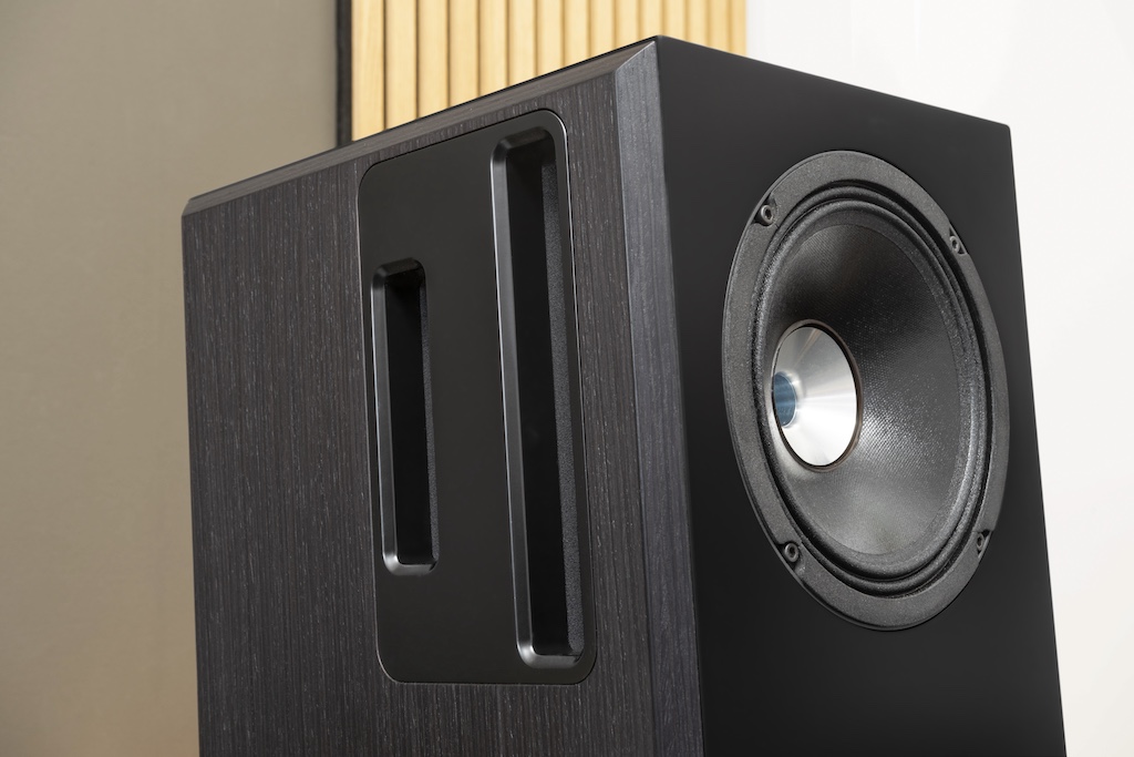 Die Schlitze in beiden Wangen sorgen dafür, dass hier rückseitig abgestrahlter Schall des Koax-Treibers austritt. Er ist gegenphasig zum frontseitig abgestrahlten Schall, so löscht sich seitliche und rückwärtige Schallenergie aus. So ergibt sich – von oben gesehen – eine kardioide, also nierenförmige Abstrahlcharakteristik.