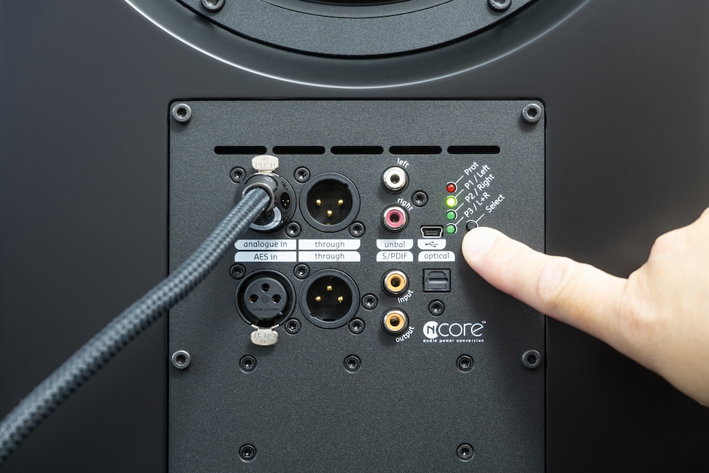 Die Saranna bietet vielfältige Anschlussmöglichkeiten: analog einen symmetrischen und einen unsymmetrischen Eingang, digital AES3, S/PDIF optisch und S/PDIF elektrisch. Auch die Signalweiterleitung ist sowohl analog als auch digital möglich. Zur Bassanpassung dienen drei per „Select“-Taster anwählbare Presets. Über den Mini-USB-Port erreicht man per Windows-Rechner das Konfigurationsmenü für die Verstärker/DSP/DAC-Module – und damit den parametrischen Neun-Band-Equalizer.